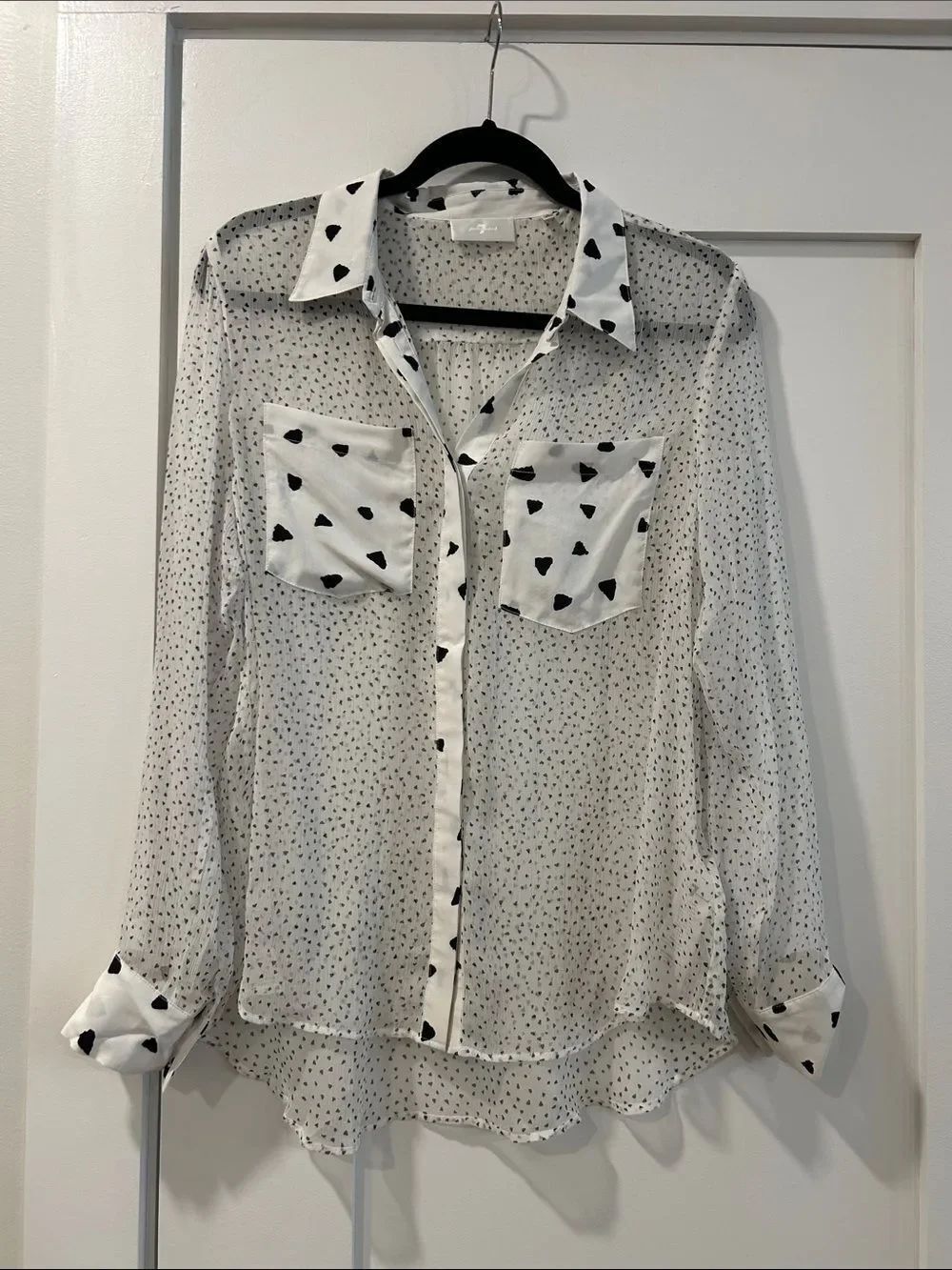 7 for All Mankind White & Black Sheer Button Down Top, Size Medium
